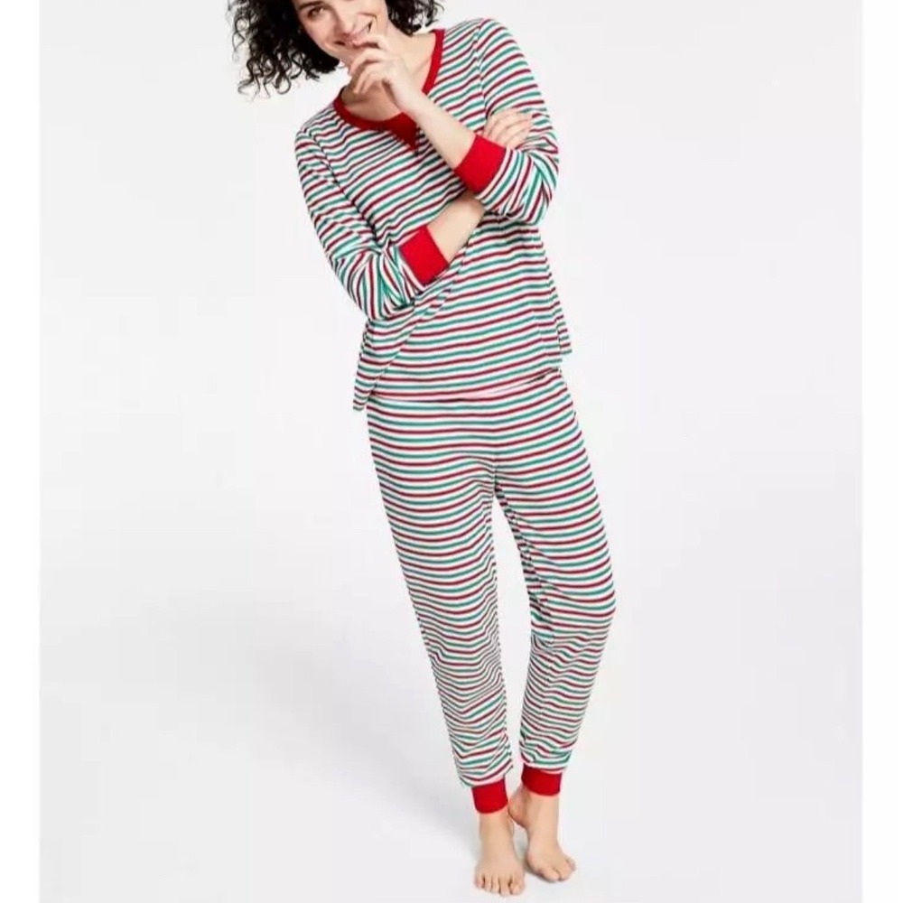 Women's Large Pre-Packaged Holiday Christmas Striped Waffle Thermal Pajama Set